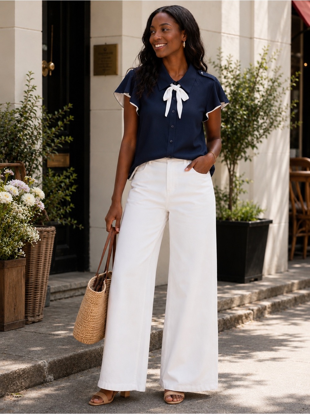 NWT Navy Button-Front Blouse with White Bow and Trim Split Sleeve